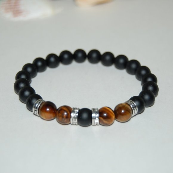 Onyx Bracelet,Onyx and Tiger Eye Gemstone,Good Luck Bracelet,Men,Women - Picture 3 of 3